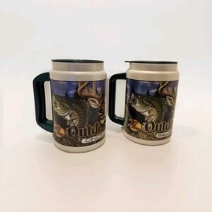 Bass Pro Shops Outdoor Wildlife Travel Mugs Green Lids Handles Vintage Set Of 2